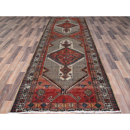Overdyed & Vintage Wool Hand Knotted Rug Red Ivory 3.9X10.10 -O086644