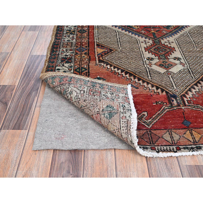 Overdyed & Vintage Wool Hand Knotted Rug Red Ivory 3.9X10.10 -O086644