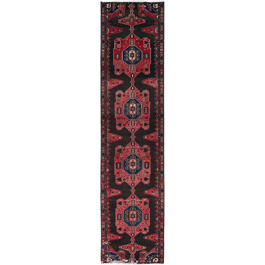 Overdyed & Vintage Wool Hand Knotted Rug Red Mahogany Red 3.5X15.1 -O086645