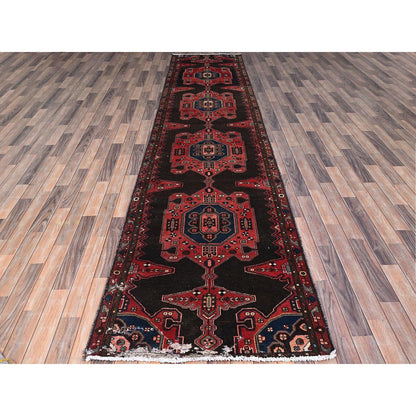 Overdyed & Vintage Wool Hand Knotted Rug Red Mahogany Red 3.5X15.1 -O086645