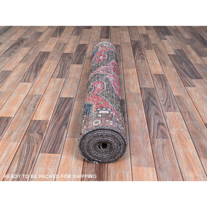 Overdyed & Vintage Wool Hand Knotted Rug Red Mahogany Red 3.5X15.1 -O086645