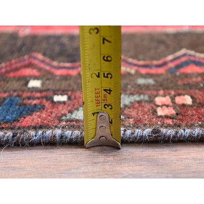 Overdyed & Vintage Wool Hand Knotted Rug Red Mahogany Red 3.5X15.1 -O086645