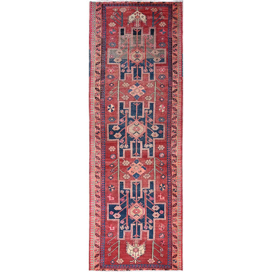Overdyed & Vintage Wool Hand Knotted Rug Red Pink 3.7X10.3 -O086647