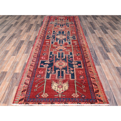 Overdyed & Vintage Wool Hand Knotted Rug Red Pink 3.7X10.3 -O086647