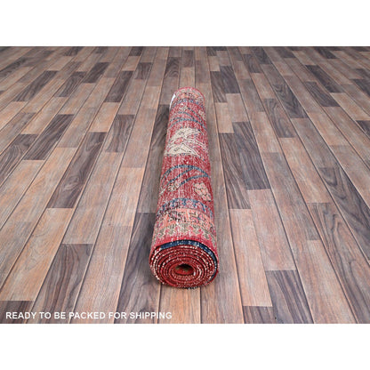Overdyed & Vintage Wool Hand Knotted Rug Red Pink 3.7X10.3 -O086647