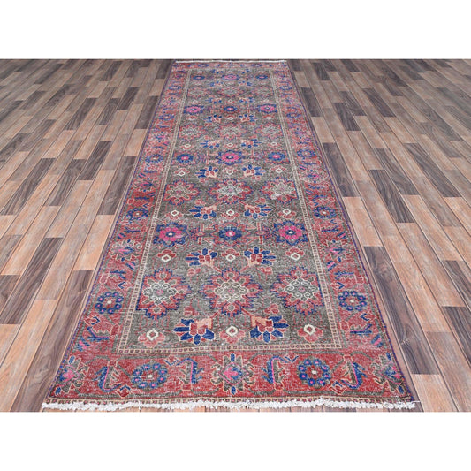 Overdyed & Vintage Wool Hand Knotted Rug Grey Gray 3.6X10.11 -O086648