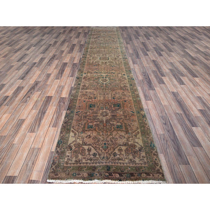 Overdyed & Vintage Wool Hand Knotted Rug Red Green 3.0X14.3 -O086658