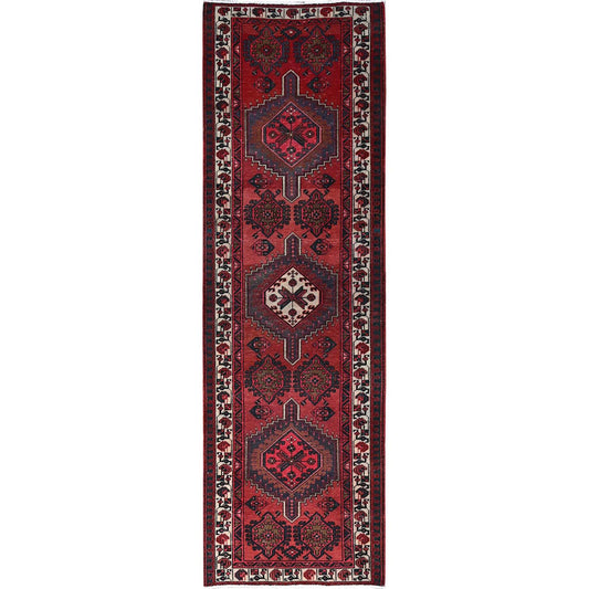 Overdyed & Vintage Wool Hand Knotted Rug Red Ivory 3.3X10.6 -O086662