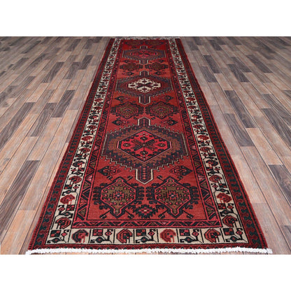 Overdyed & Vintage Wool Hand Knotted Rug Red Ivory 3.3X10.6 -O086662