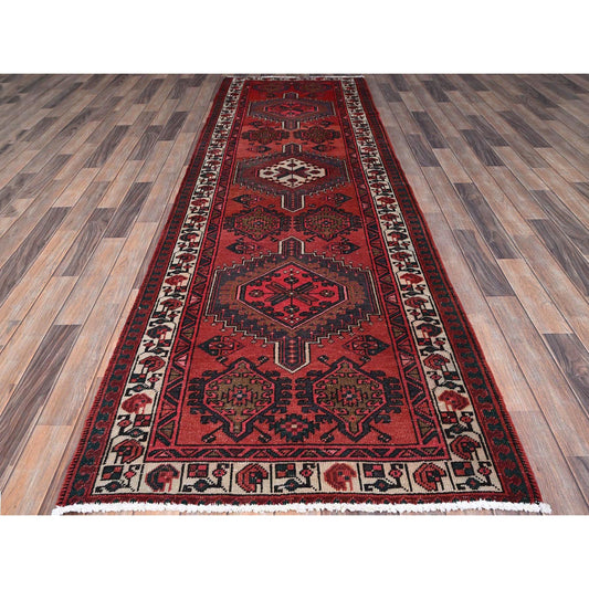 Overdyed & Vintage Wool Hand Knotted Rug Red Ivory 3.3X10.6 -O086662