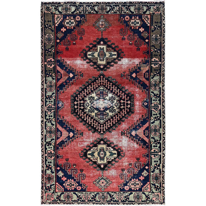 Overdyed & Vintage Wool Hand Knotted Rug Red Gray 4.10X8.3 -O086672