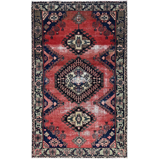 Overdyed & Vintage Wool Hand Knotted Rug Red Gray 4.10X8.3 -O086672