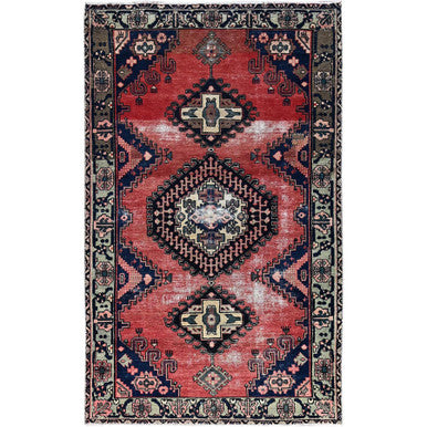 Overdyed & Vintage Wool Hand Knotted Rug Red Gray 4.10X8.3 -O086672