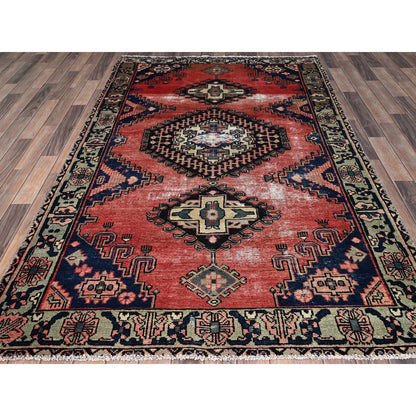 Overdyed & Vintage Wool Hand Knotted Rug Red Gray 4.10X8.3 -O086672