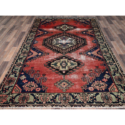 Overdyed & Vintage Wool Hand Knotted Rug Red Gray 4.10X8.3 -O086672