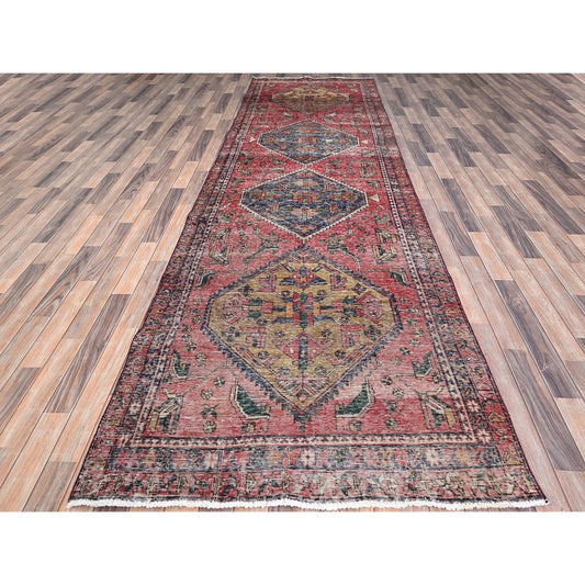 Overdyed & Vintage Wool Hand Knotted Rug Red Red 4.3X13.10 -O086679