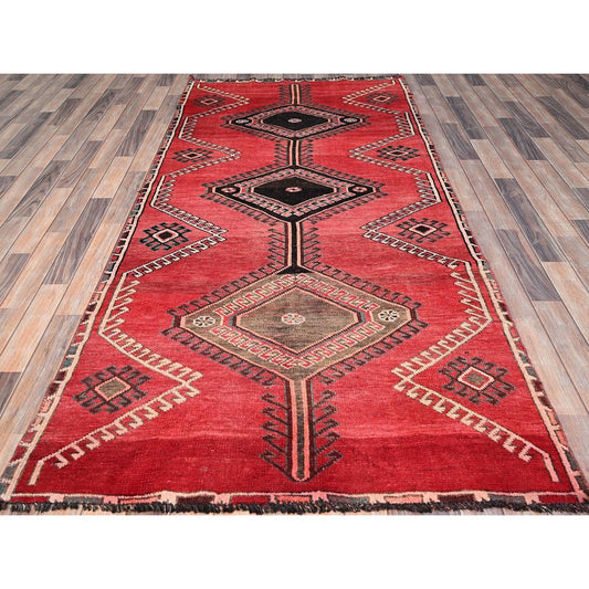 Overdyed & Vintage Wool Hand Knotted Rug Red Beige 4.3X9.3 -O086680