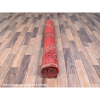 Overdyed & Vintage Wool Hand Knotted Rug Red Beige 4.3X9.3 -O086680