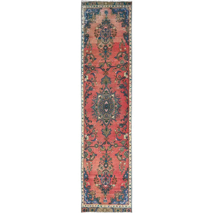 Overdyed & Vintage Wool Hand Knotted Rug Red Ivory 2.5X10.8 -O086691