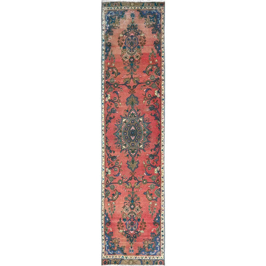 Overdyed & Vintage Wool Hand Knotted Rug Red Ivory 2.5X10.8 -O086691