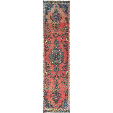 Overdyed & Vintage Wool Hand Knotted Rug Red Ivory 2.5X10.8 -O086691