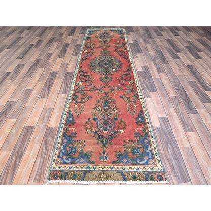 Overdyed & Vintage Wool Hand Knotted Rug Red Ivory 2.5X10.8 -O086691