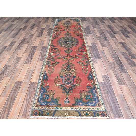 Overdyed & Vintage Wool Hand Knotted Rug Red Ivory 2.5X10.8 -O086691