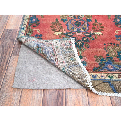 Overdyed & Vintage Wool Hand Knotted Rug Red Ivory 2.5X10.8 -O086691