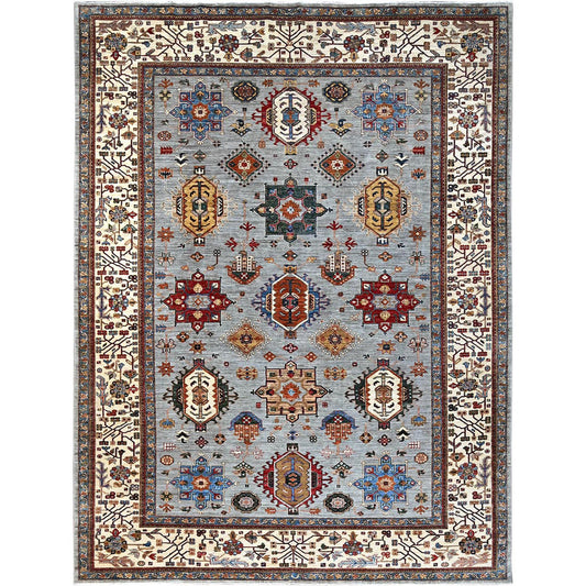 Kazak Wool Hand Knotted Rug Grey Ivory 10.3X13.8 -O086711