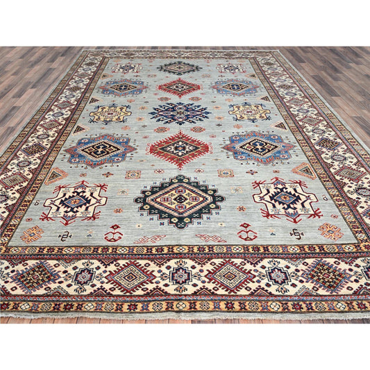 Kazak Wool Hand Knotted Rug Green Ivory 9.0X11.9 -O086713