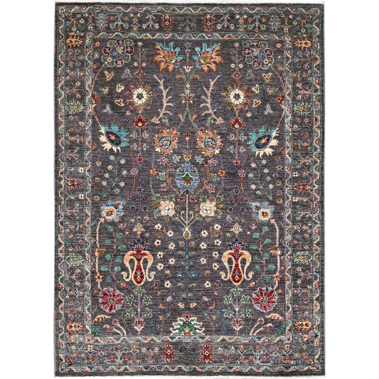 Tribal & Geometric Wool Hand Knotted Rug Grey Gray 5.0X6.10 -O086726