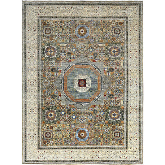Mamluk Wool Hand Knotted Rug Green Ivory 9.0X11.10 -O086734