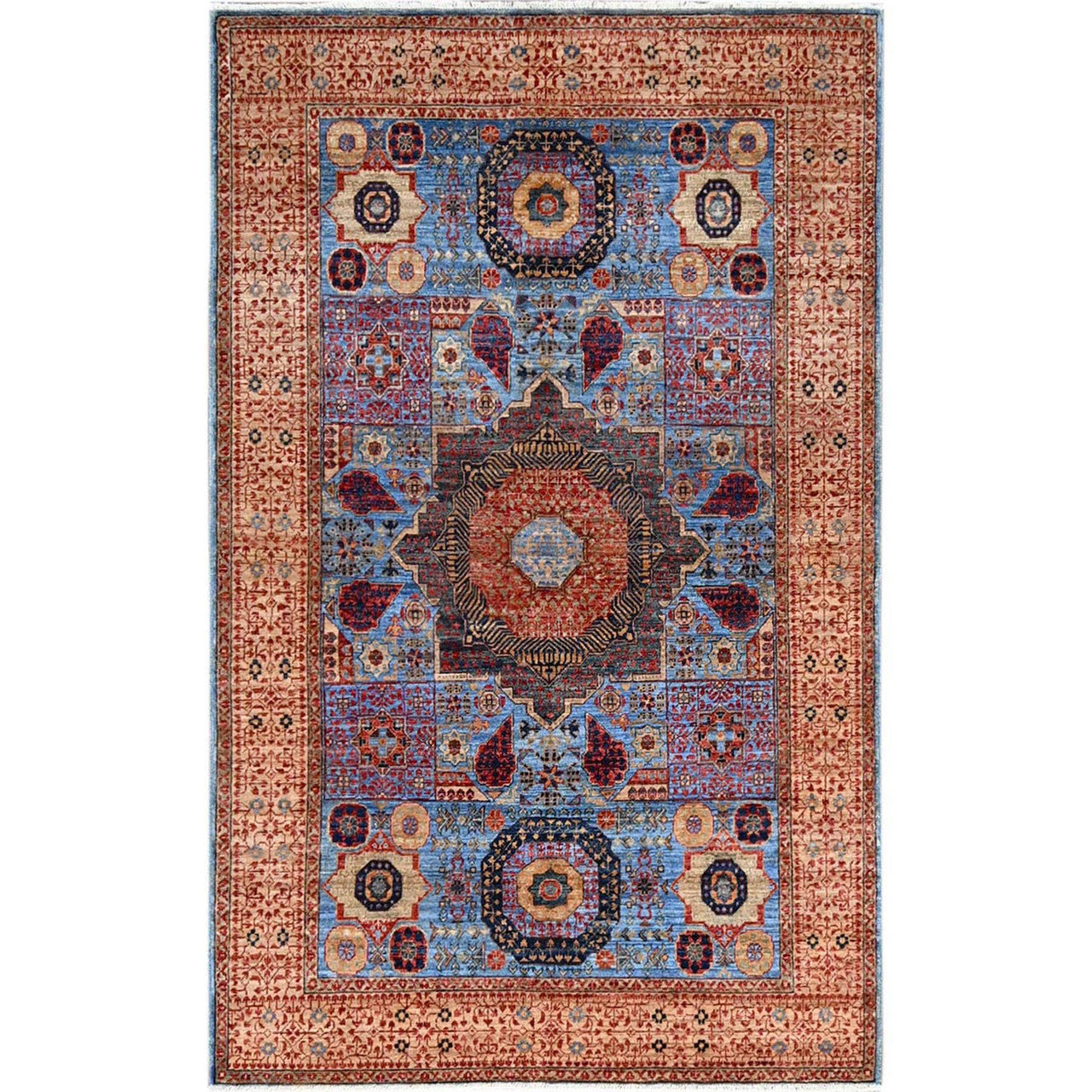 Blue 4'0" x 6'5" Mamluk Hand knotted Wool Rug - Sku: O086746
