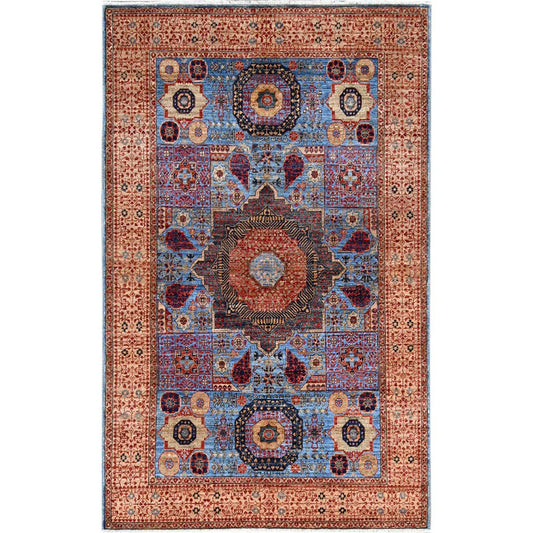 Mamluk Wool Hand Knotted Rug Blue Ivory 4.0X6.5 -O086746