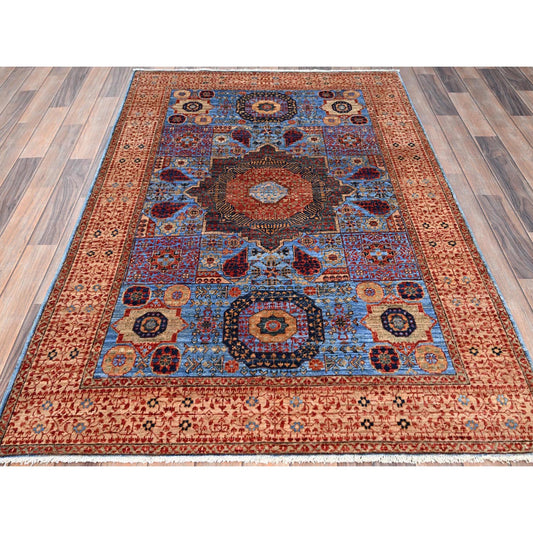 Mamluk Wool Hand Knotted Rug Blue Ivory 4.0X6.5 -O086746