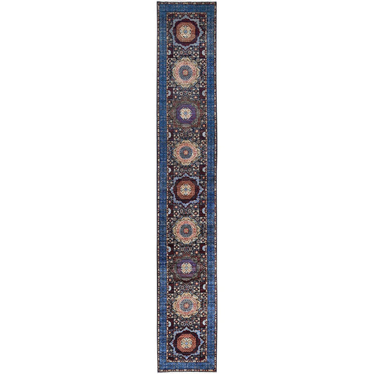 Mamluk Wool Hand Knotted Rug Blue Blue 2.6X15.9 -O086747