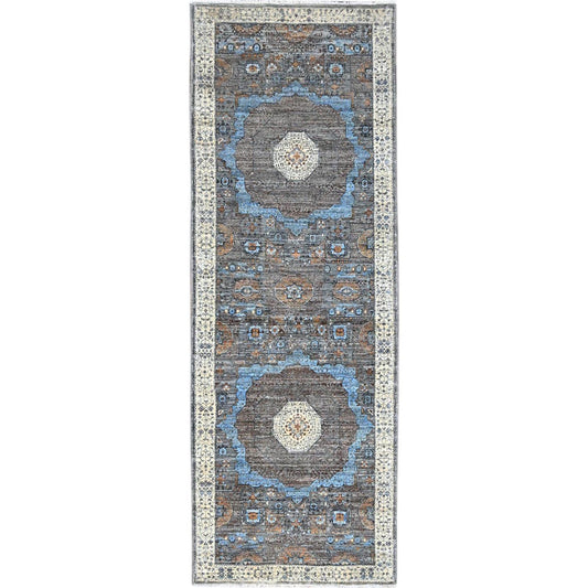 Mamluk Wool Hand Knotted Rug Grey Ivory 2.8X7.10 -O086753
