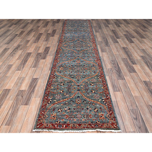 Mamluk Wool Hand Knotted Rug Green Red 2.6X11.8 -O086754