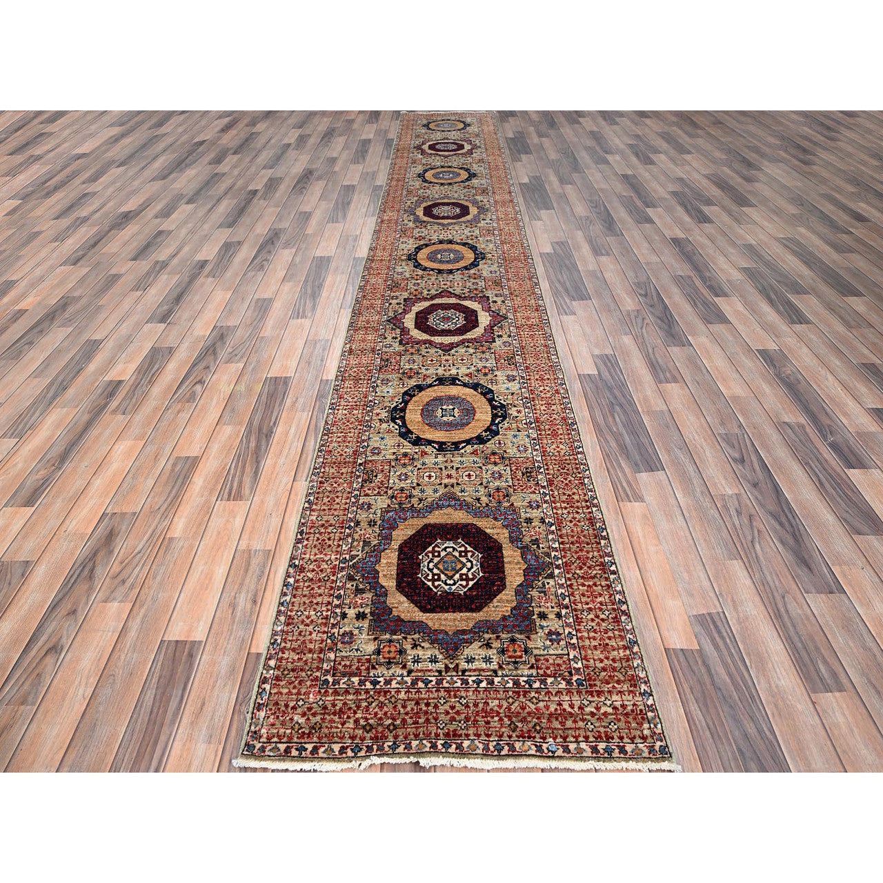 Brown 2'7" x 15'10" Mamluk Hand knotted Wool Rug - Sku: O086756