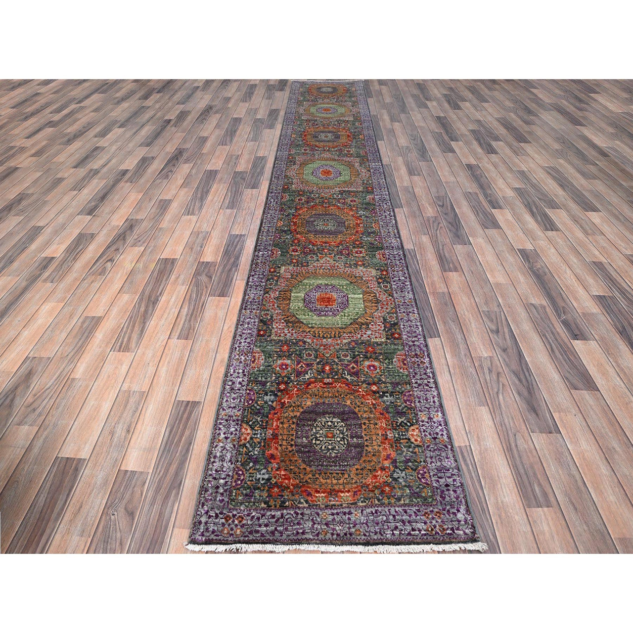 Green 2'5" x 13'10" Mamluk Hand knotted Wool Rug - Sku: O086757