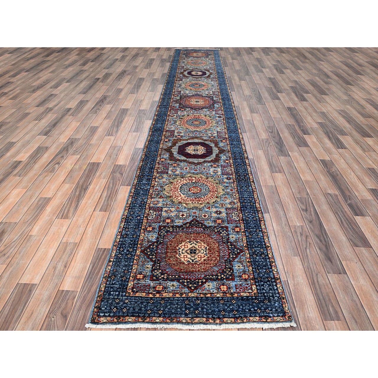 Blue 2'8" x 15'4" Mamluk Hand knotted Wool Rug - Sku: O086759