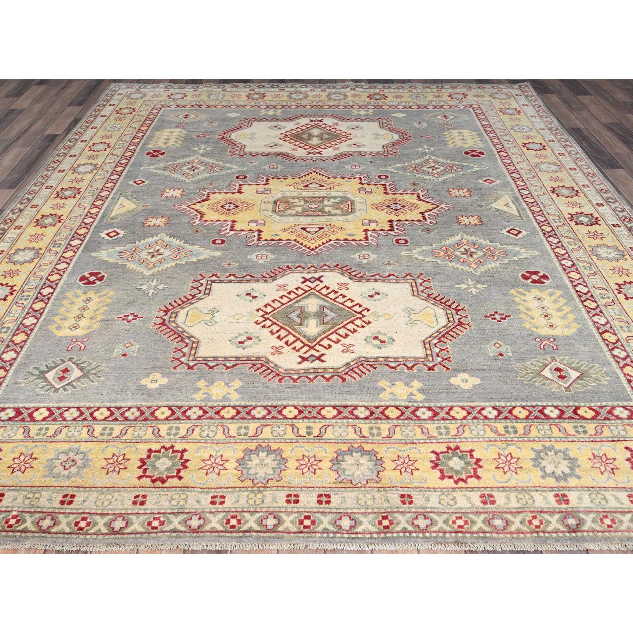 Gray 8'0" x 9'9" Kazak Cornsilk Hand knotted Wool/Silk Rug - Sku: O086783