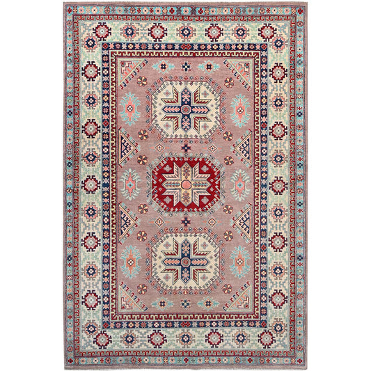 Kazak Wool Hand Knotted Rug Pink Cotton White 6.4X9.2 -O086785