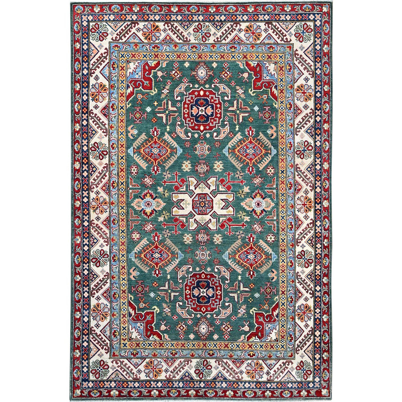Kazak Wool Hand Knotted Rug Green Ivory 6.1X9.2 -O086804