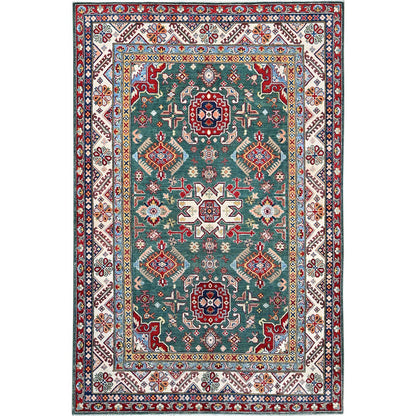 Kazak Wool Hand Knotted Rug Green Ivory 6.1X9.2 -O086804