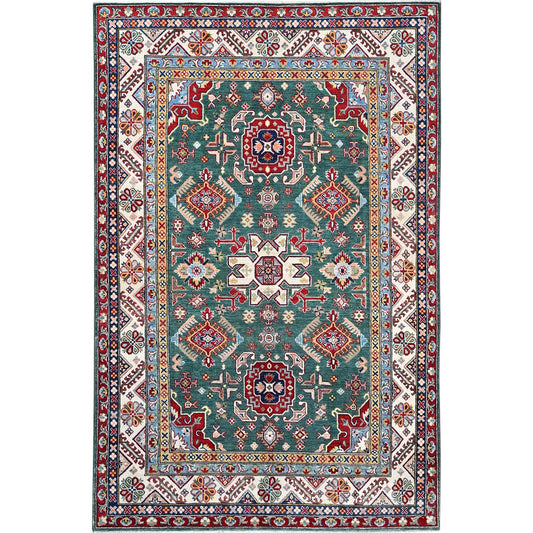 Kazak Wool Hand Knotted Rug Green Ivory 6.1X9.2 -O086804