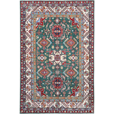 Kazak Wool Hand Knotted Rug Green Ivory 6.1X9.2 -O086804