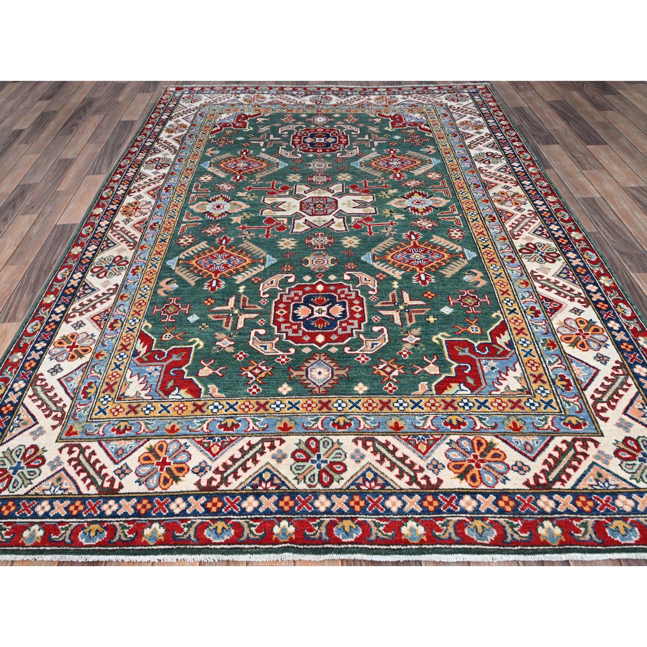 Kazak Wool Hand Knotted Rug Green Ivory 6.1X9.2 -O086804