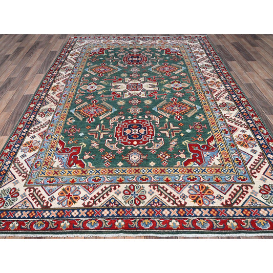 Kazak Wool Hand Knotted Rug Green Ivory 6.1X9.2 -O086804