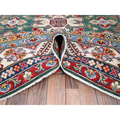 Kazak Wool Hand Knotted Rug Green Ivory 6.1X9.2 -O086804